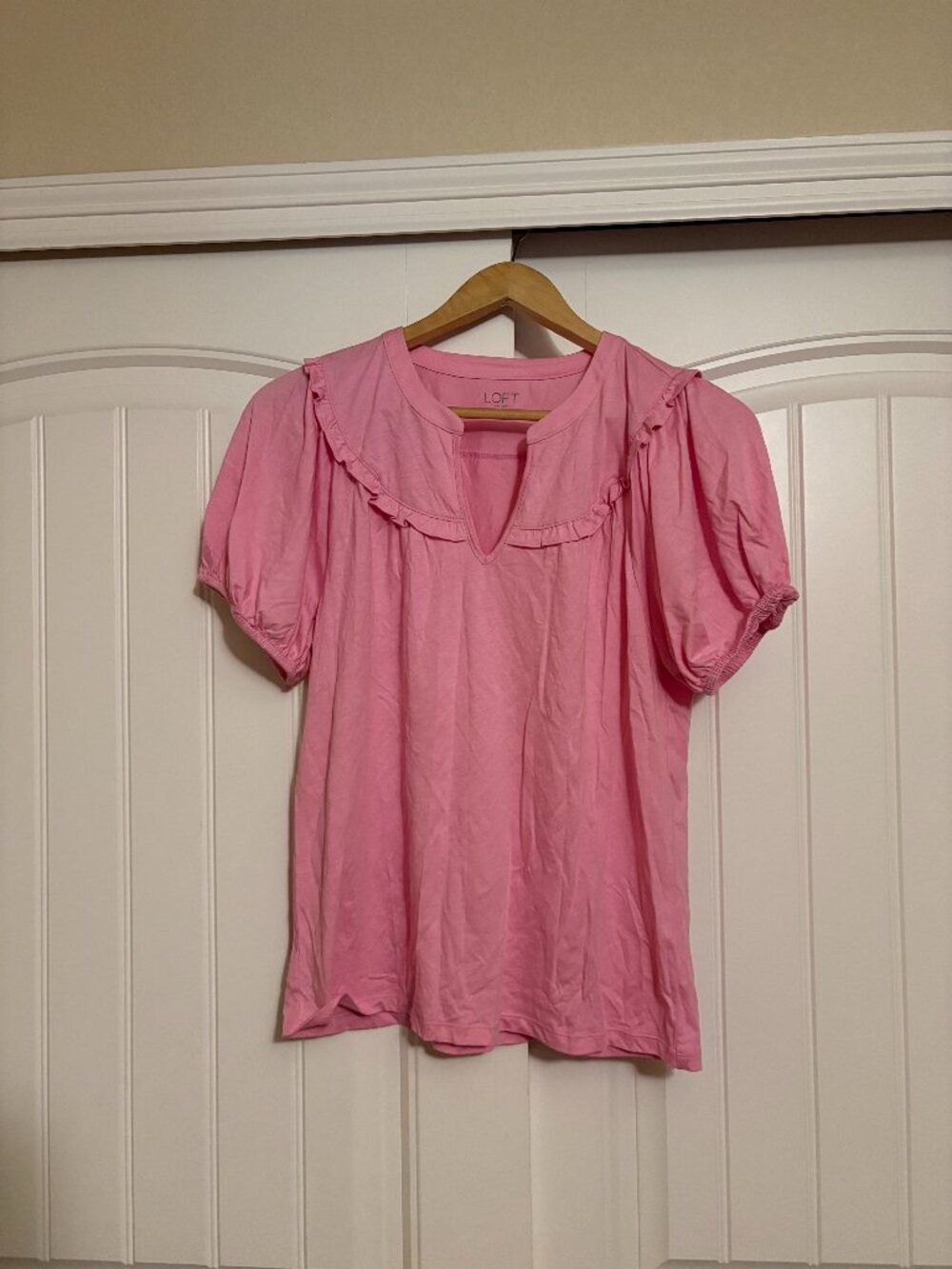 LOFT Outlet Blouse Light Pink Medium Short Sleeve Ruffle V Neck Cotton Modal